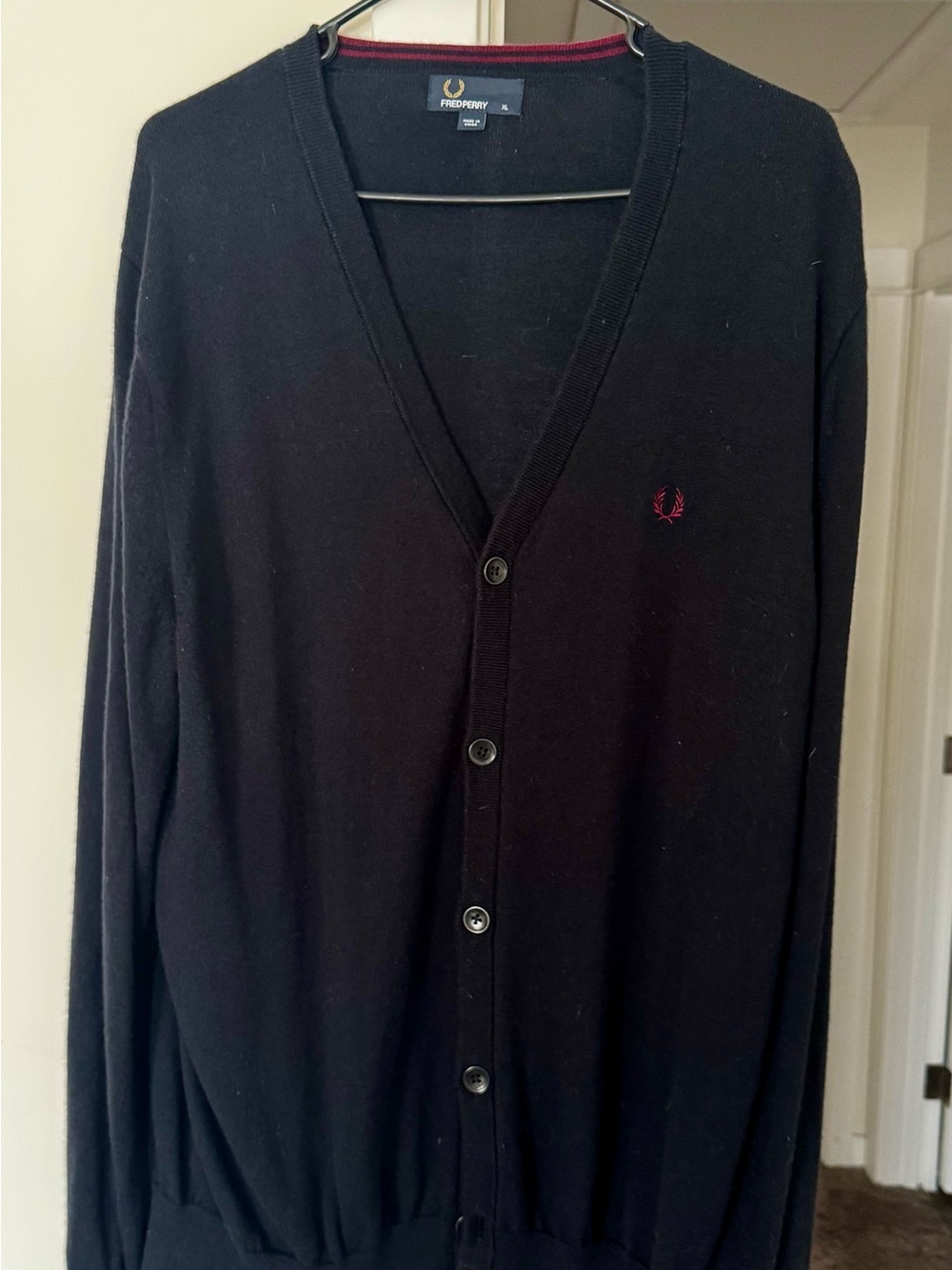 Fred Perry Dark Blue Men's V-Neck Button Cardigan with Red Laurel Logo